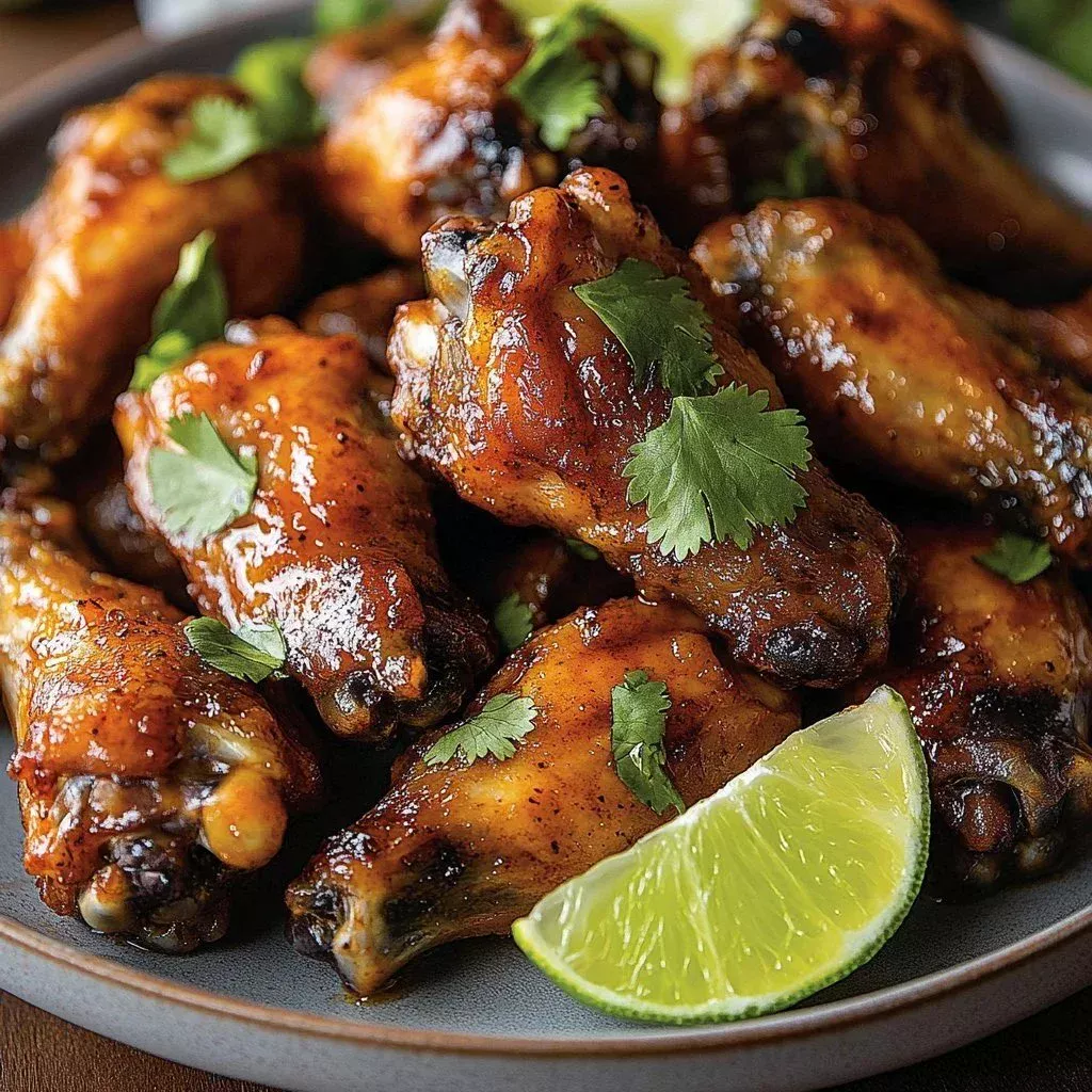 Spicy Chili Lime Wings garnished with lime wedges and herbs
