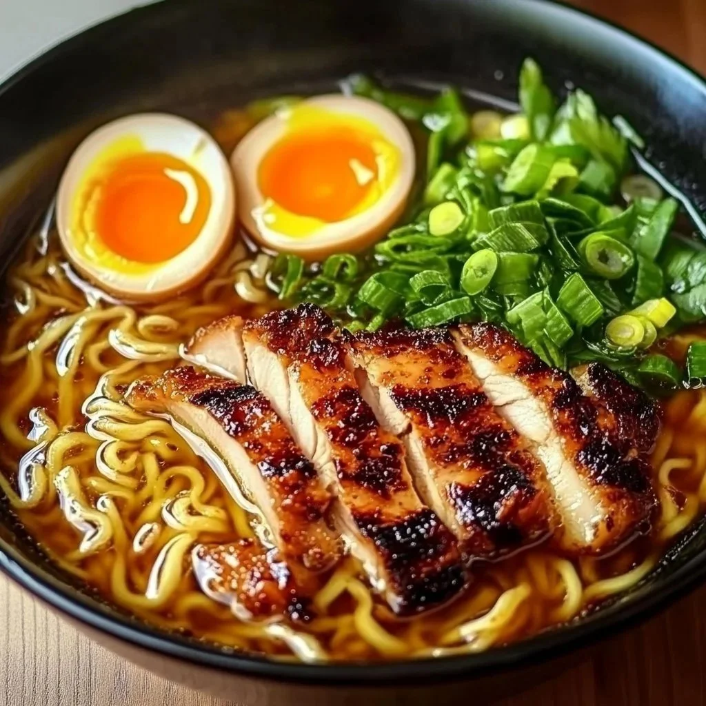 A bowl of spicy garlic chicken ramen garnished with green onions and chili flakes.