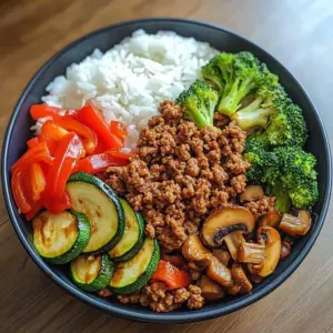 Spicy ground beef stir-fry rice bowl garnished with fresh vegetables