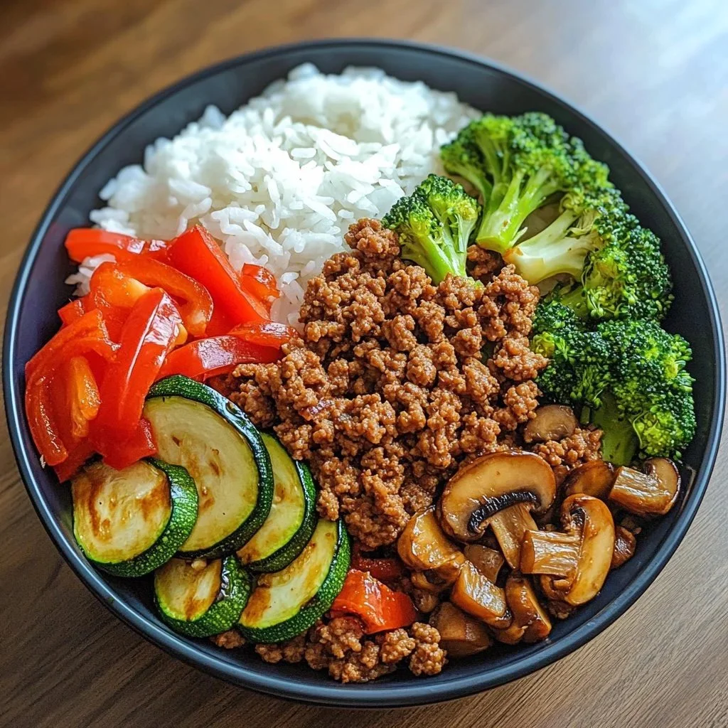 Spicy ground beef stir-fry rice bowl garnished with fresh vegetables