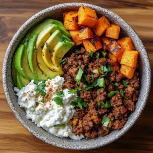 Delicious Spicy Honey Ground Beef Bowl topped with fresh vegetables and herbs.