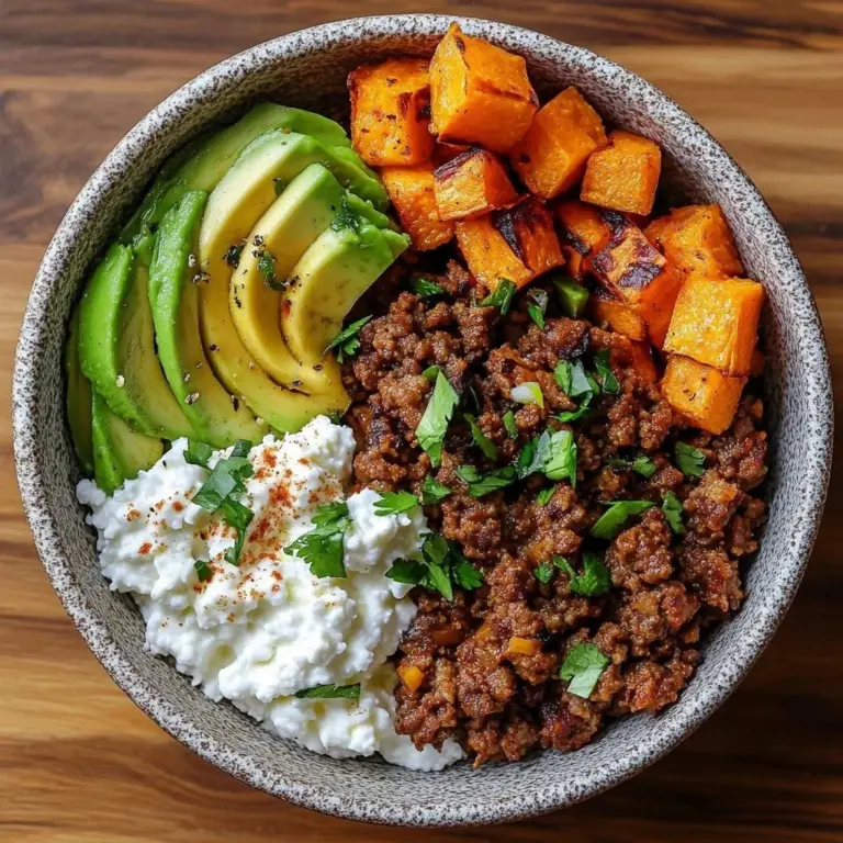 Delicious Spicy Honey Ground Beef Bowl topped with fresh vegetables and herbs.