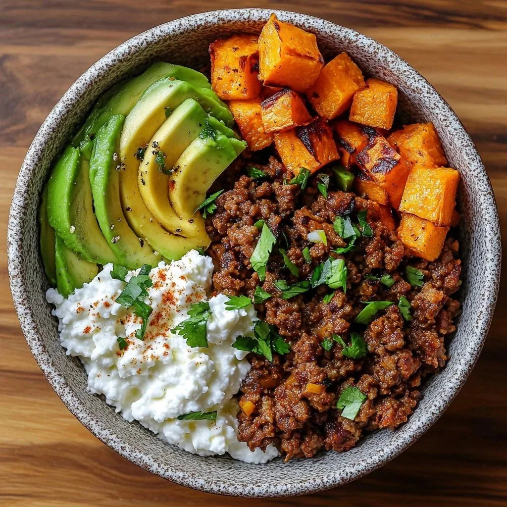 Delicious Spicy Honey Ground Beef Bowl topped with fresh vegetables and herbs.