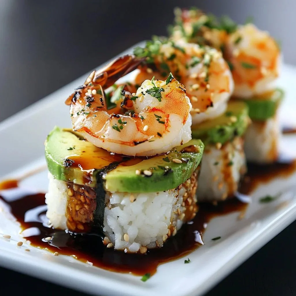 Delicious Spicy Shrimp Sushi Towers served on a plate