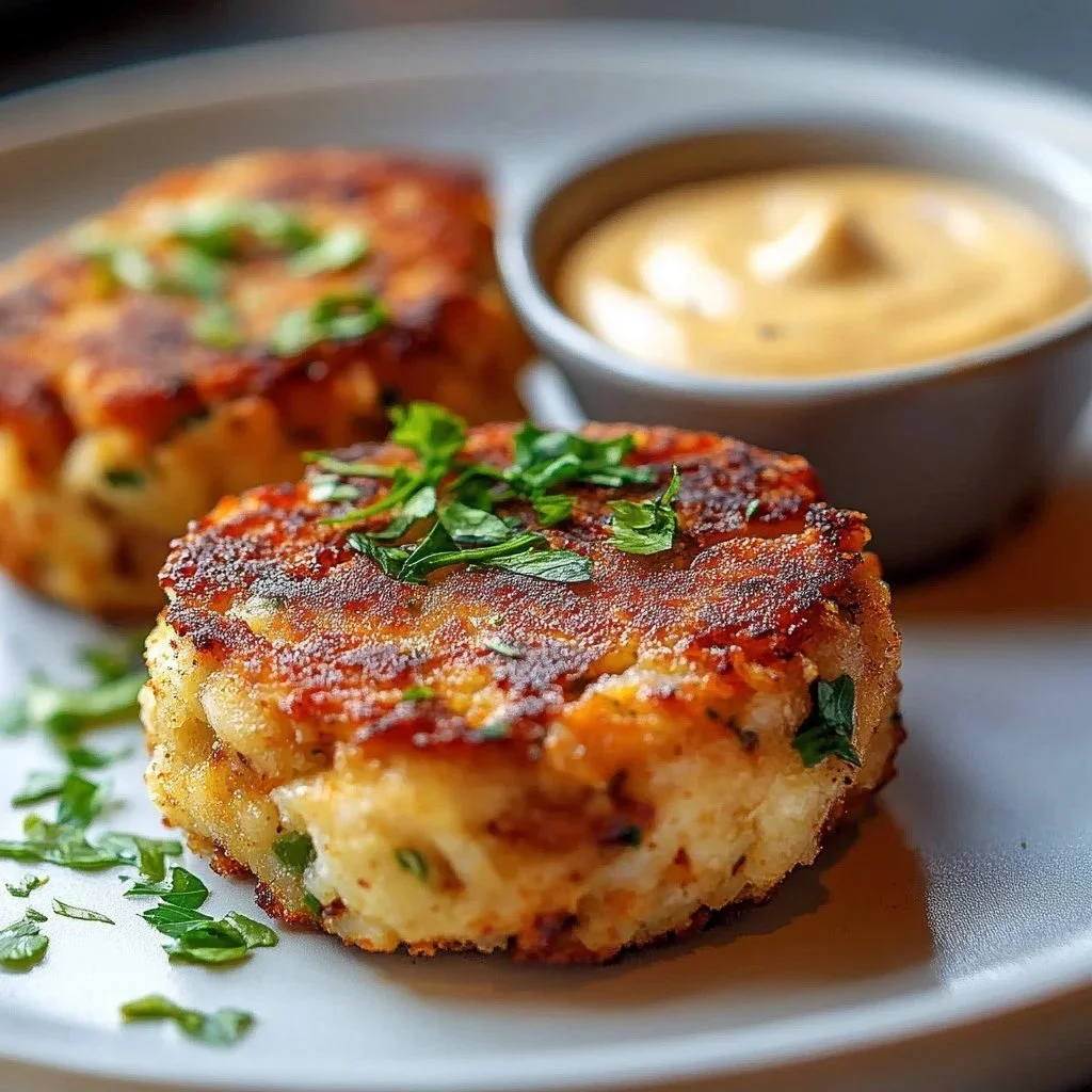Delicious spicy tuna patties served on a plate with herbs and sauce