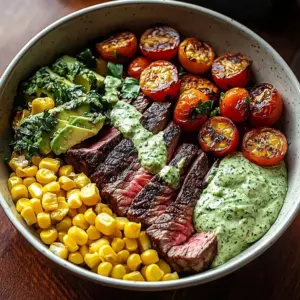 Steak Bowl with avocado and roasted corn in a colorful presentation