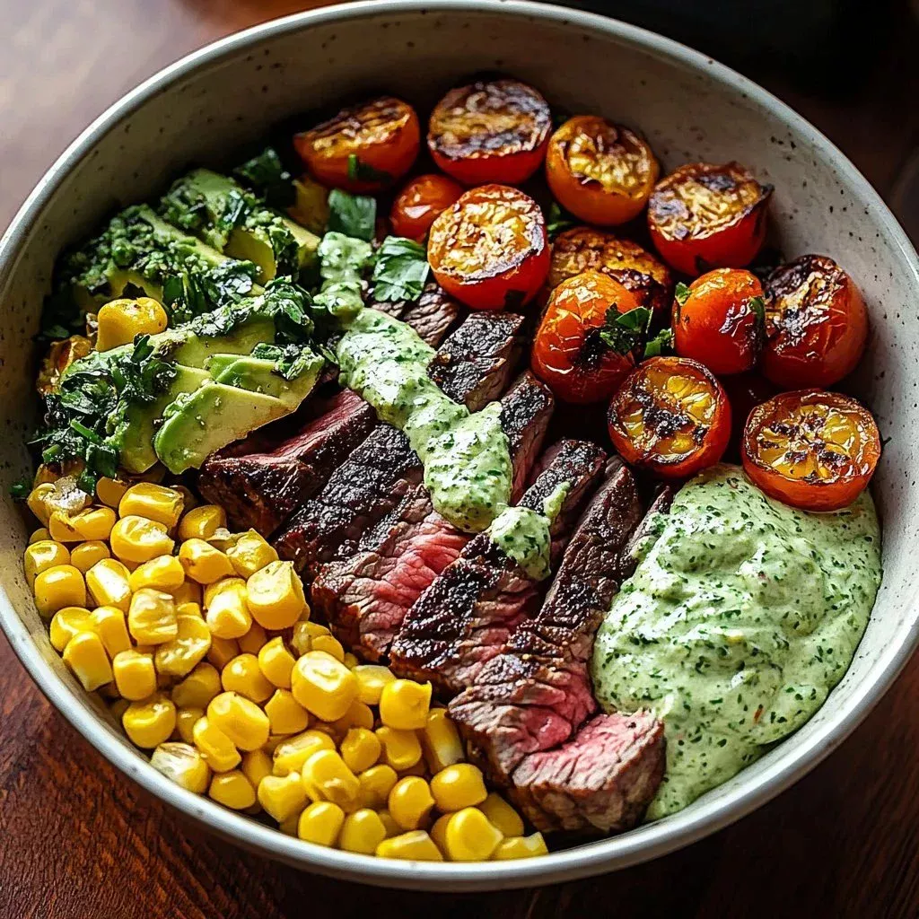 Steak Bowl with avocado and roasted corn in a colorful presentation