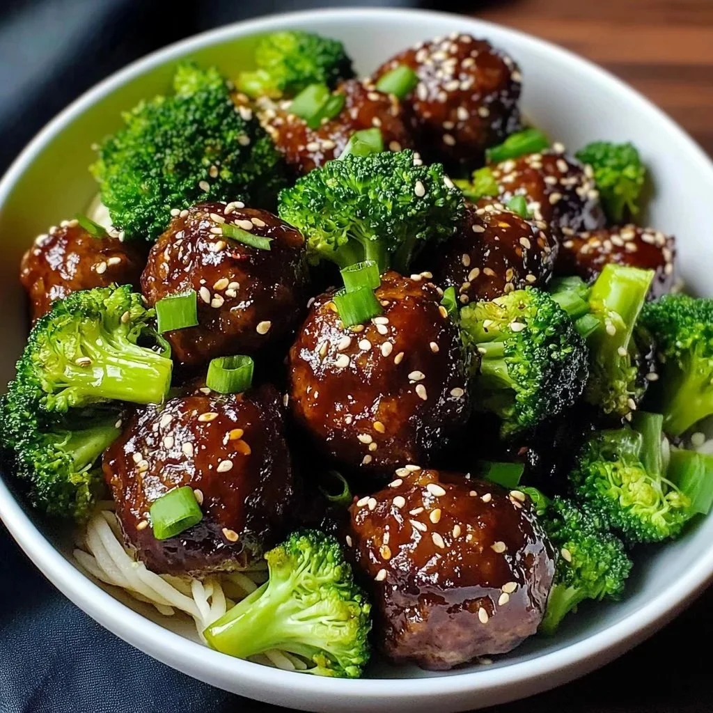 Sticky Mongolian meatballs served with broccoli.