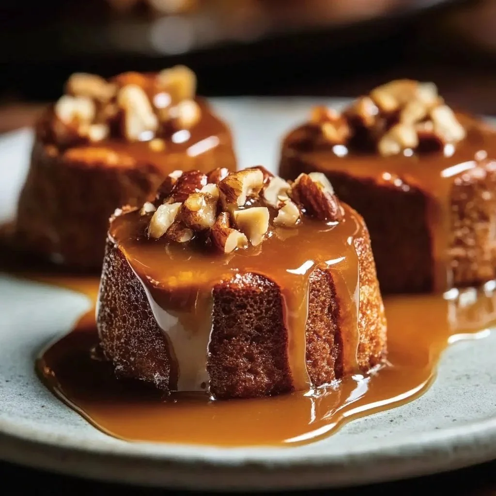 Delicious sticky toffee pudding served with creamy sauce on a plate