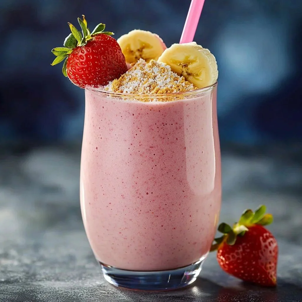 Delicious strawberry banana smoothie in a glass with fresh strawberries and bananas