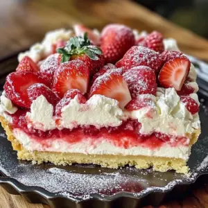 Delicious Strawberry Cheesecake Dump Cake topped with fresh strawberries