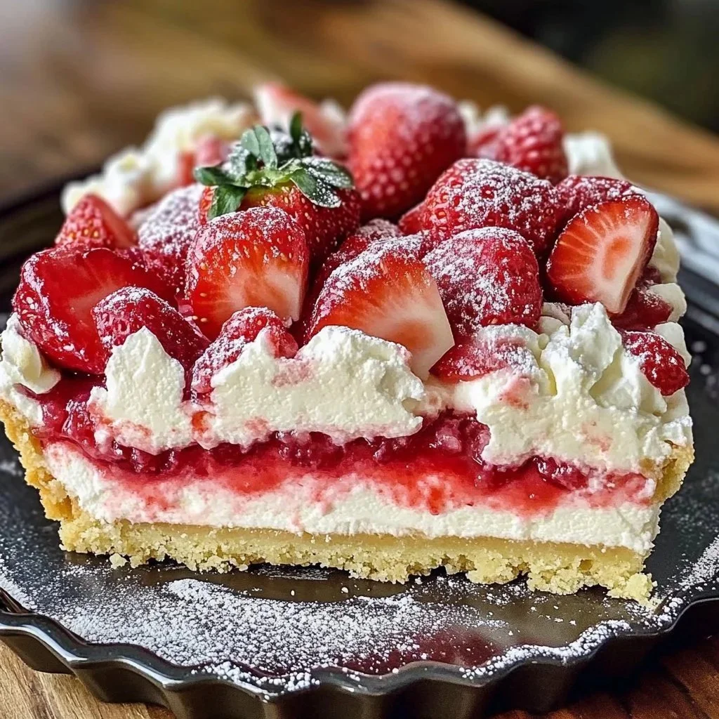 Delicious Strawberry Cheesecake Dump Cake topped with fresh strawberries