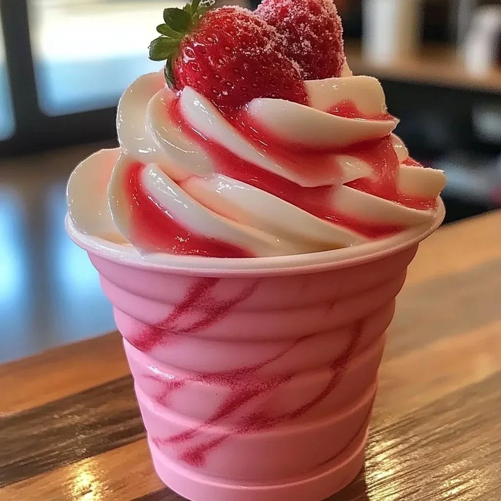 Delicious Strawberry Dole Whip served in a cup, perfect for summer desserts.