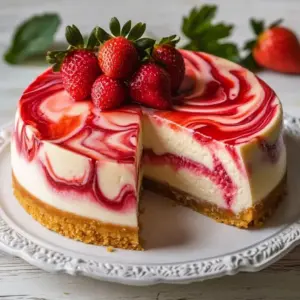 Delicious Strawberry Swirl Cheesecake topped with fresh strawberries
