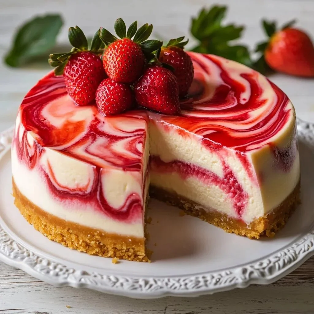 Delicious Strawberry Swirl Cheesecake topped with fresh strawberries