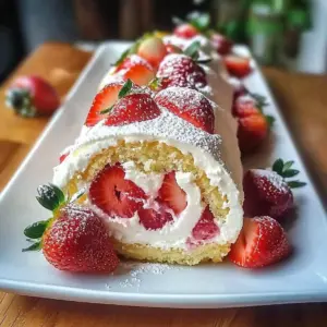 Delicious strawberry swiss roll dessert with fresh strawberries and cream