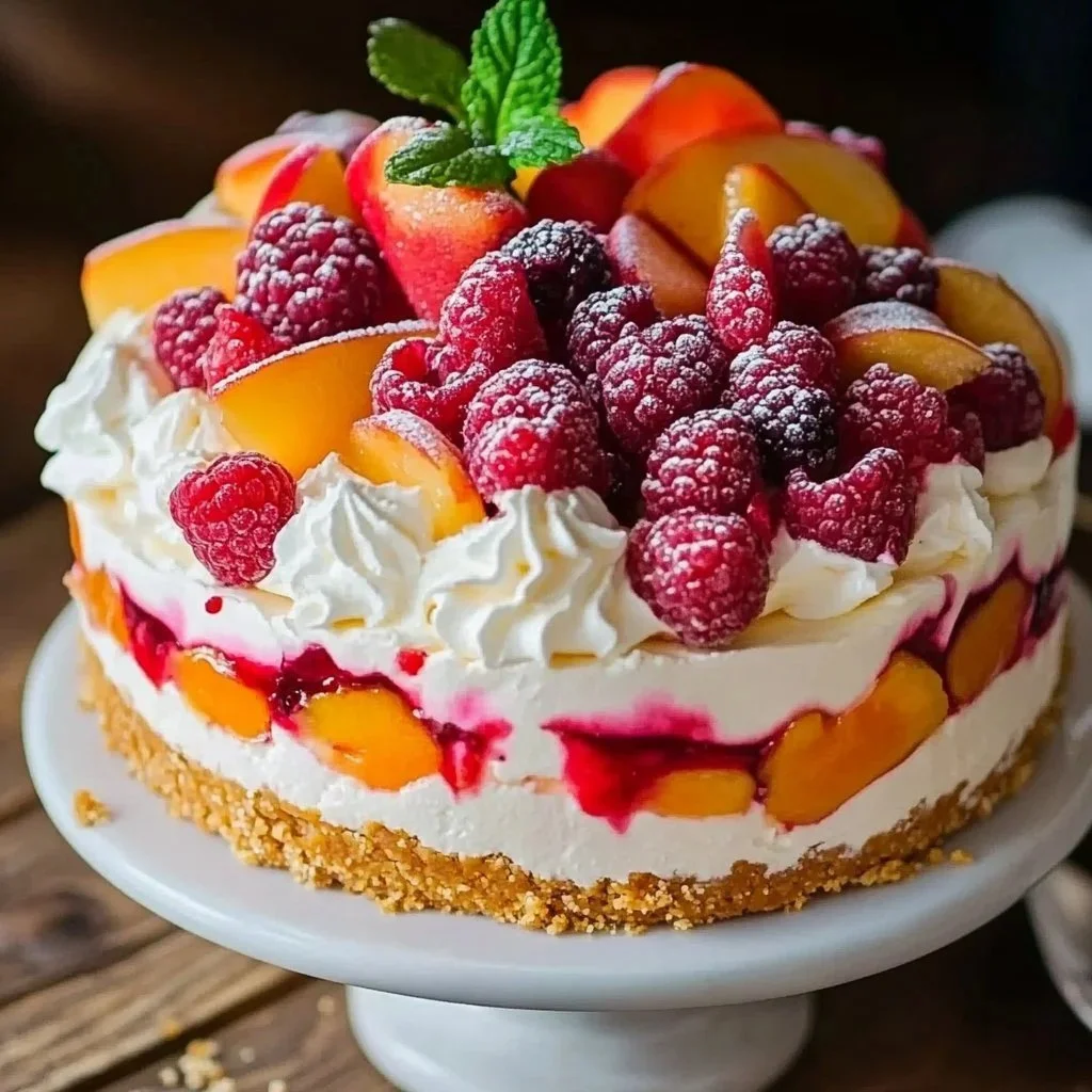 Delicious summer berry peach cheesecake topped with fresh fruit