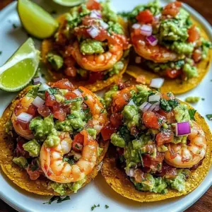 Delicious summer shrimp tostadas garnished with creamy guacamole.