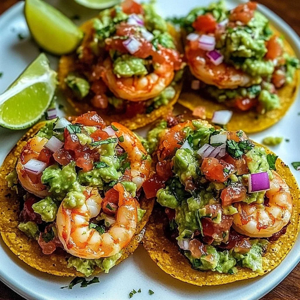 Delicious summer shrimp tostadas garnished with creamy guacamole.