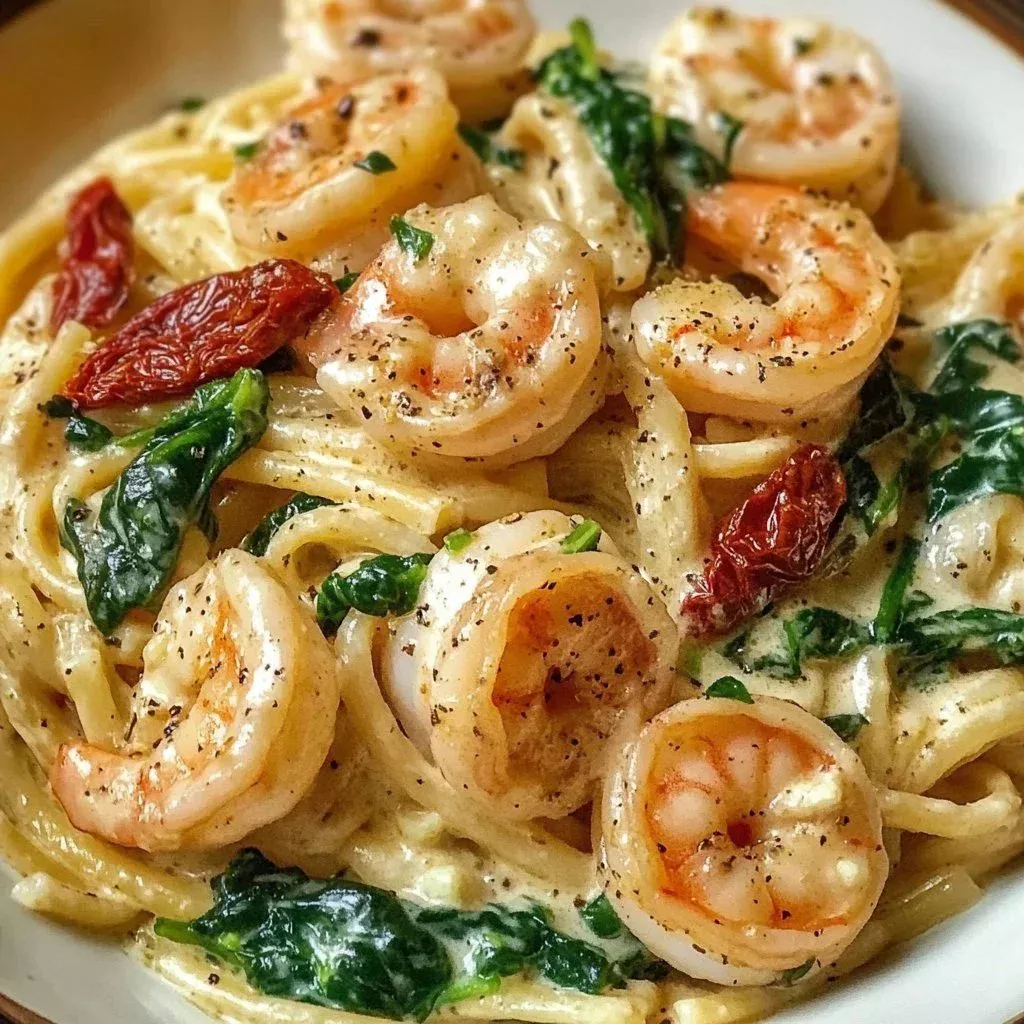 Creamy shrimp spinach pasta with sun-dried tomatoes garnished with herbs.