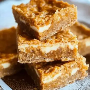 Delicious sweet carrot cake bars on a plate topped with cream cheese frosting.