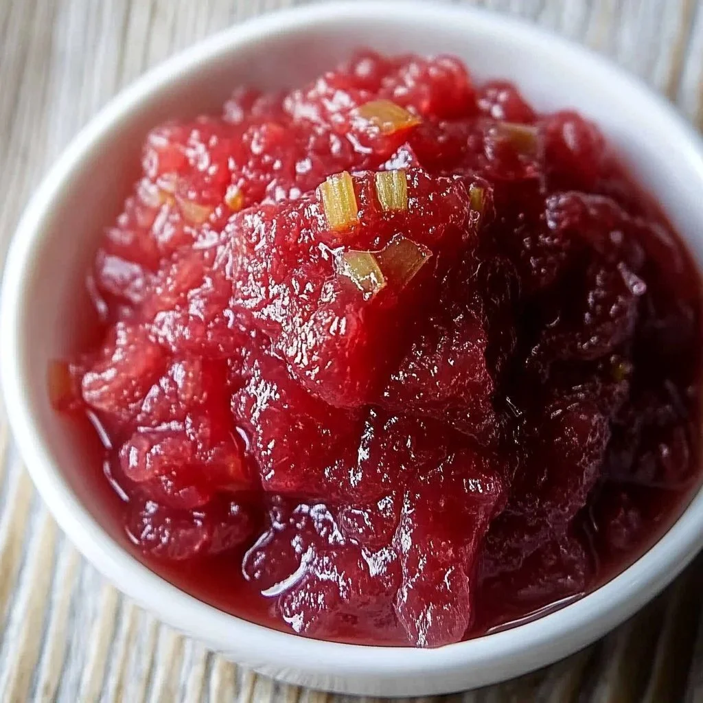 Jar of sweet tangy rhubarb jam on a wooden table