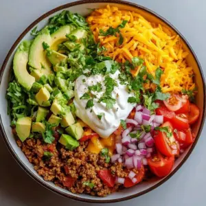 Delicious Taco Rice Bowl topped with fresh ingredients and served in a colorful bowl