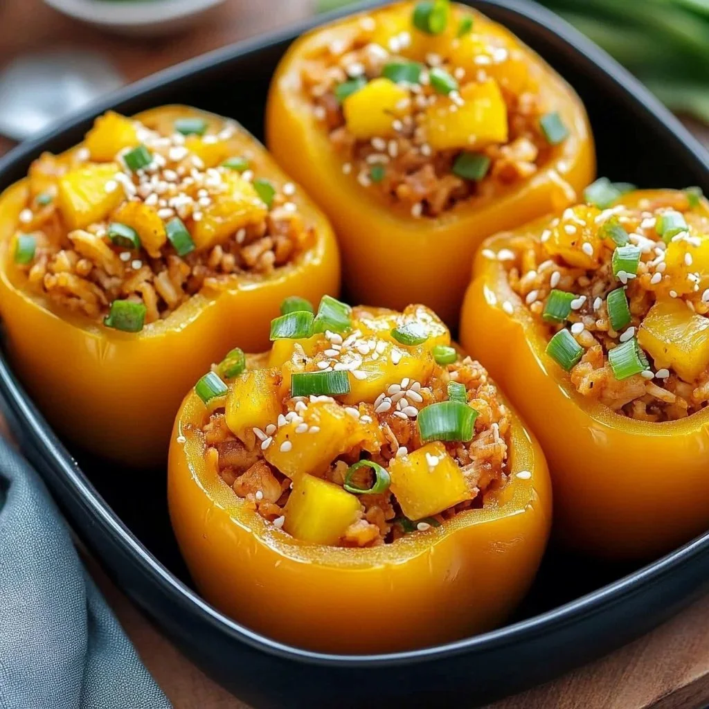 Teriyaki Chicken stuffed peppers with pineapple on a plate