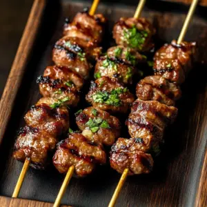 Thai coconut grilled chicken skewers served on a plate with fresh herbs