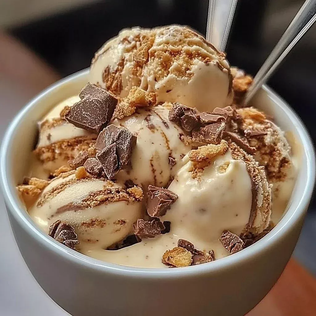 Toffee Crunch Malted Milk Ice Cream in a bowl with a spoon