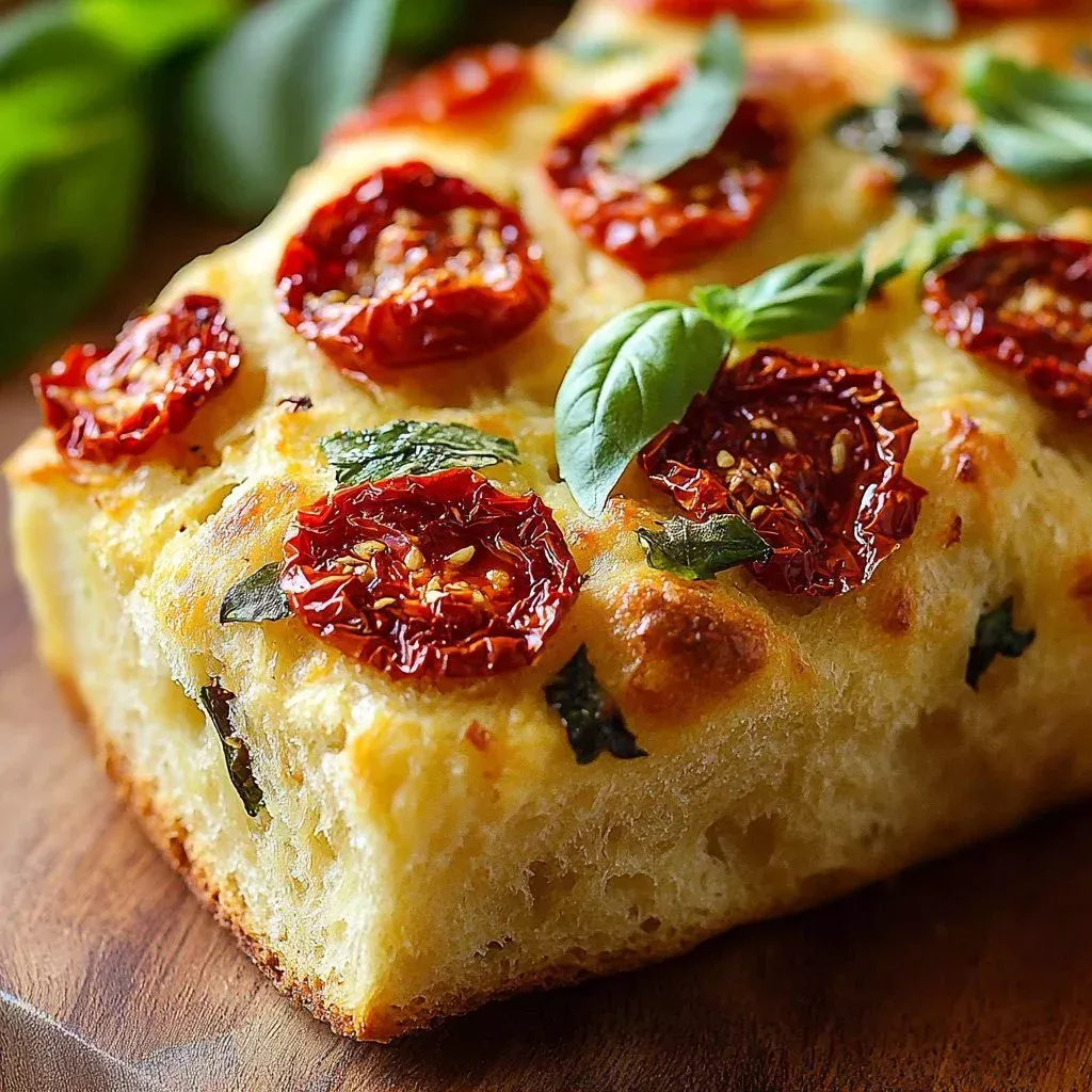 Slice of Tomato Basil Mozzarella Quick Bread on a wooden board