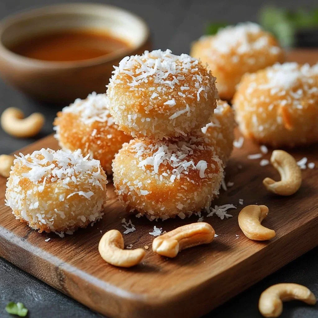 Delicious Tropical Coconut Cashew Bites on a plate with coconut flakes