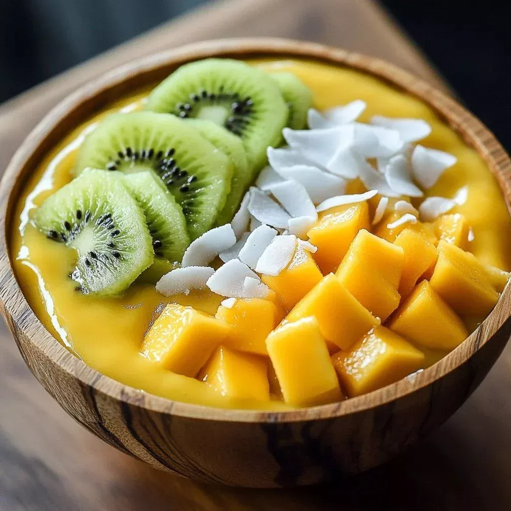 Delicious tropical mango pineapple smoothie bowl topped with fresh fruits