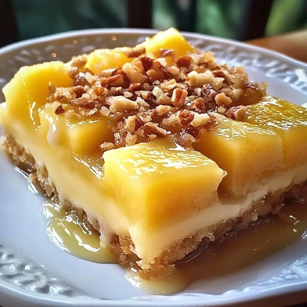 Slice of tropical pineapple cake decorated with fresh pineapple slices and whipped cream