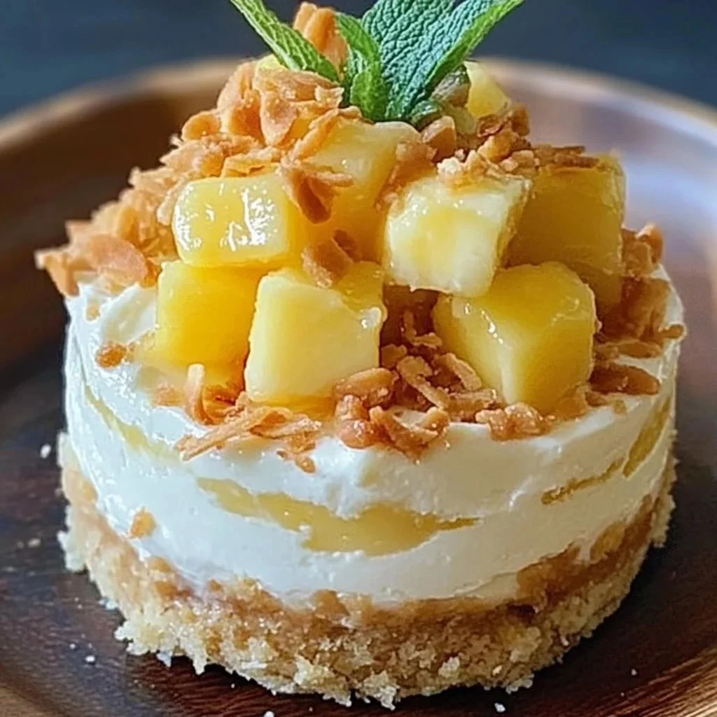 Tropical pineapple coconut cheesecake minis on a serving platter.