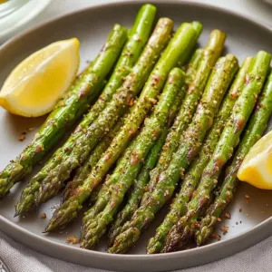 Crispy air fryer asparagus served on a plate with seasonings and lemon.