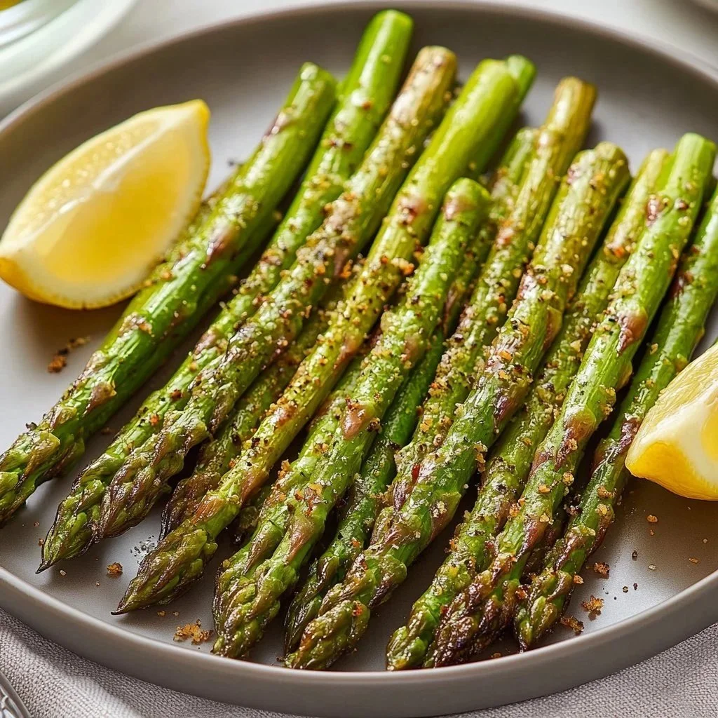Crispy air fryer asparagus served on a plate with seasonings and lemon.