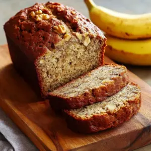 Slice of moist banana bread with walnuts on a wooden board