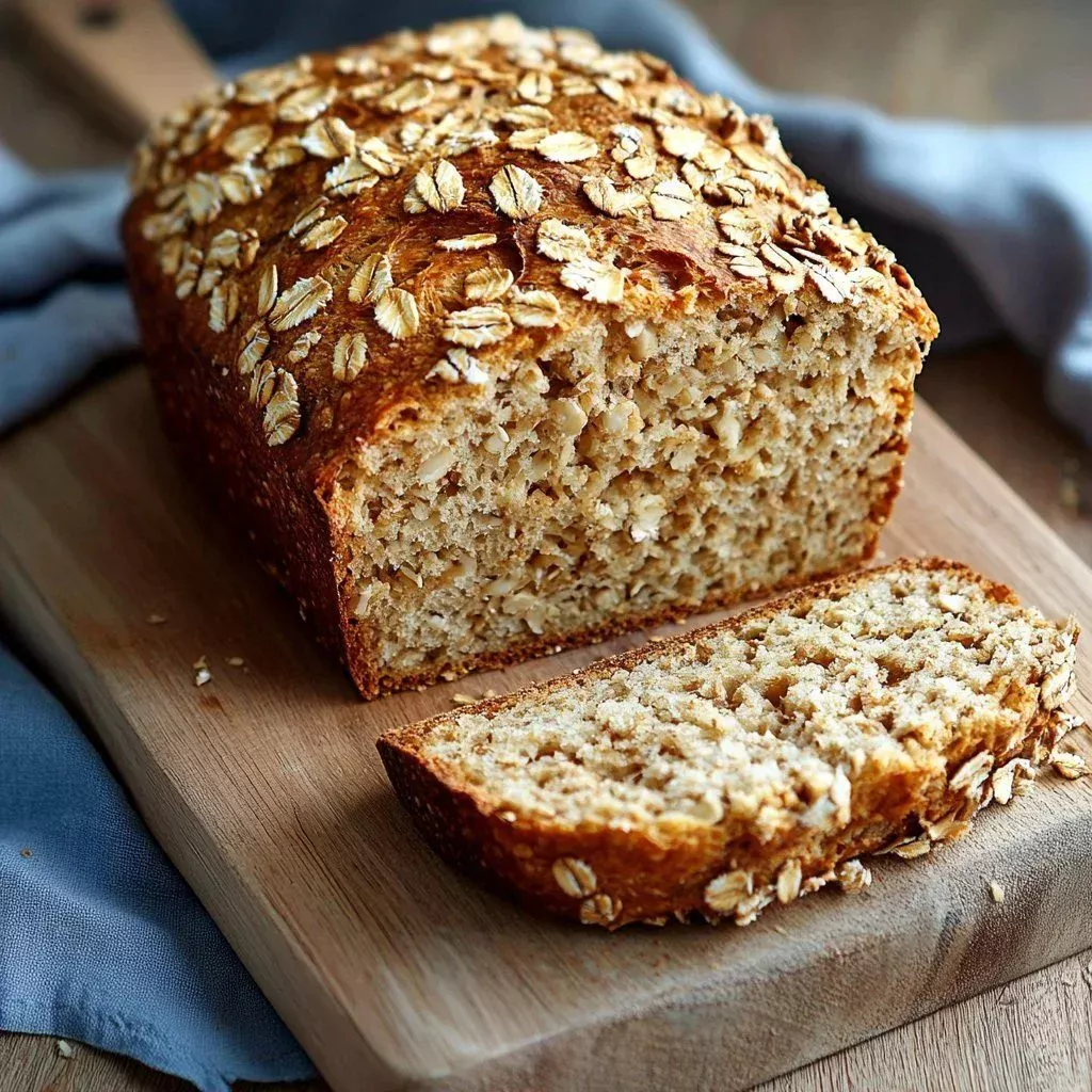 Freshly baked cottage cheese oat bread on a wooden cutting board.