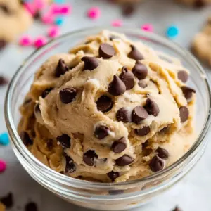 Delicious homemade edible cookie dough in a bowl with chocolate chips