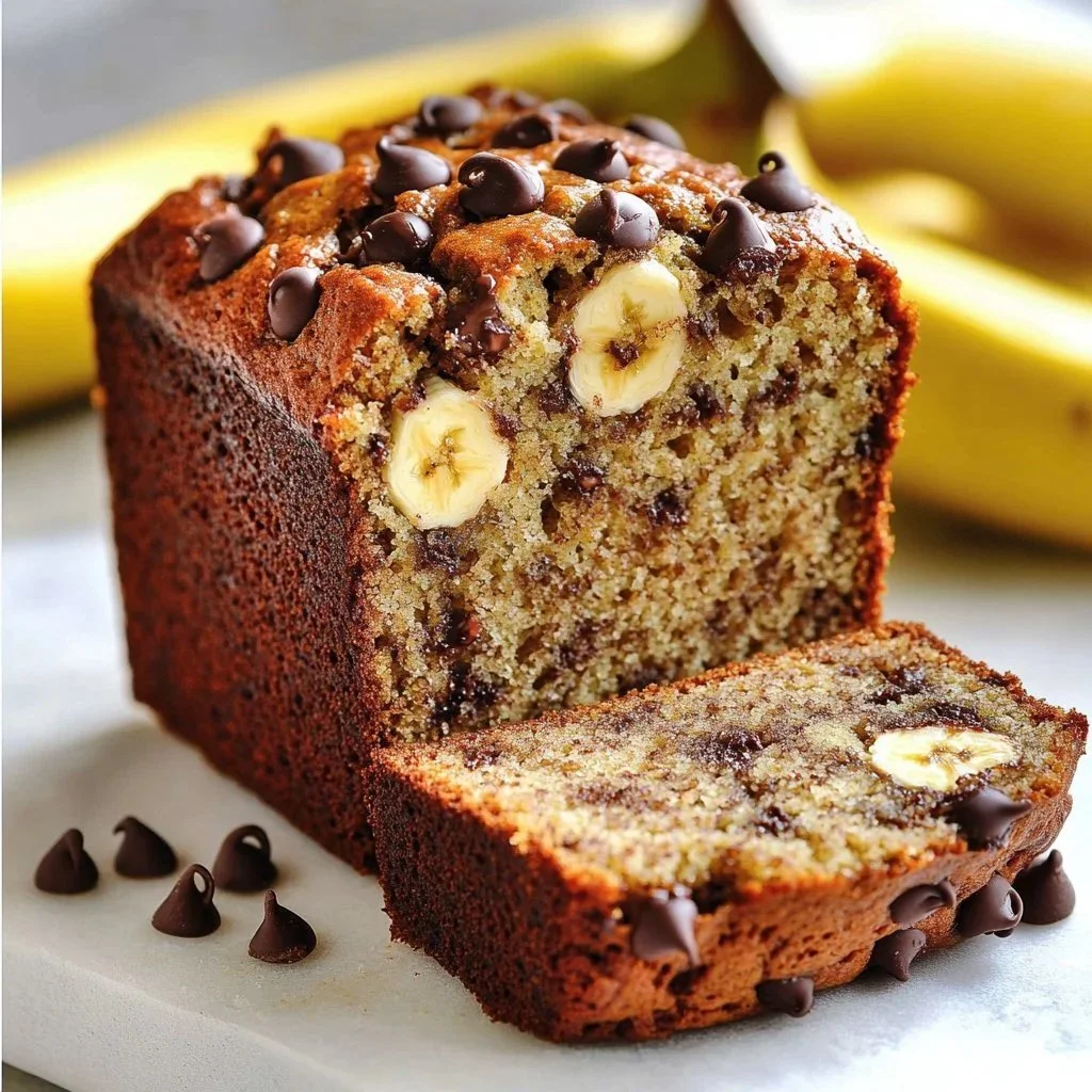 A loaf of ultimate Greek yogurt banana bread on a wooden cutting board.