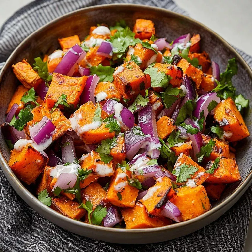 Bowl of colorful ultimate sweet potato salad with fresh ingredients