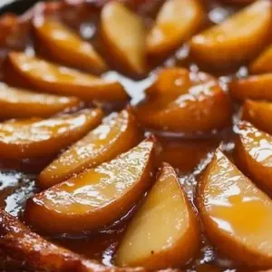Delicious upside down Maple Pear Tart with caramelized pears and maple glaze