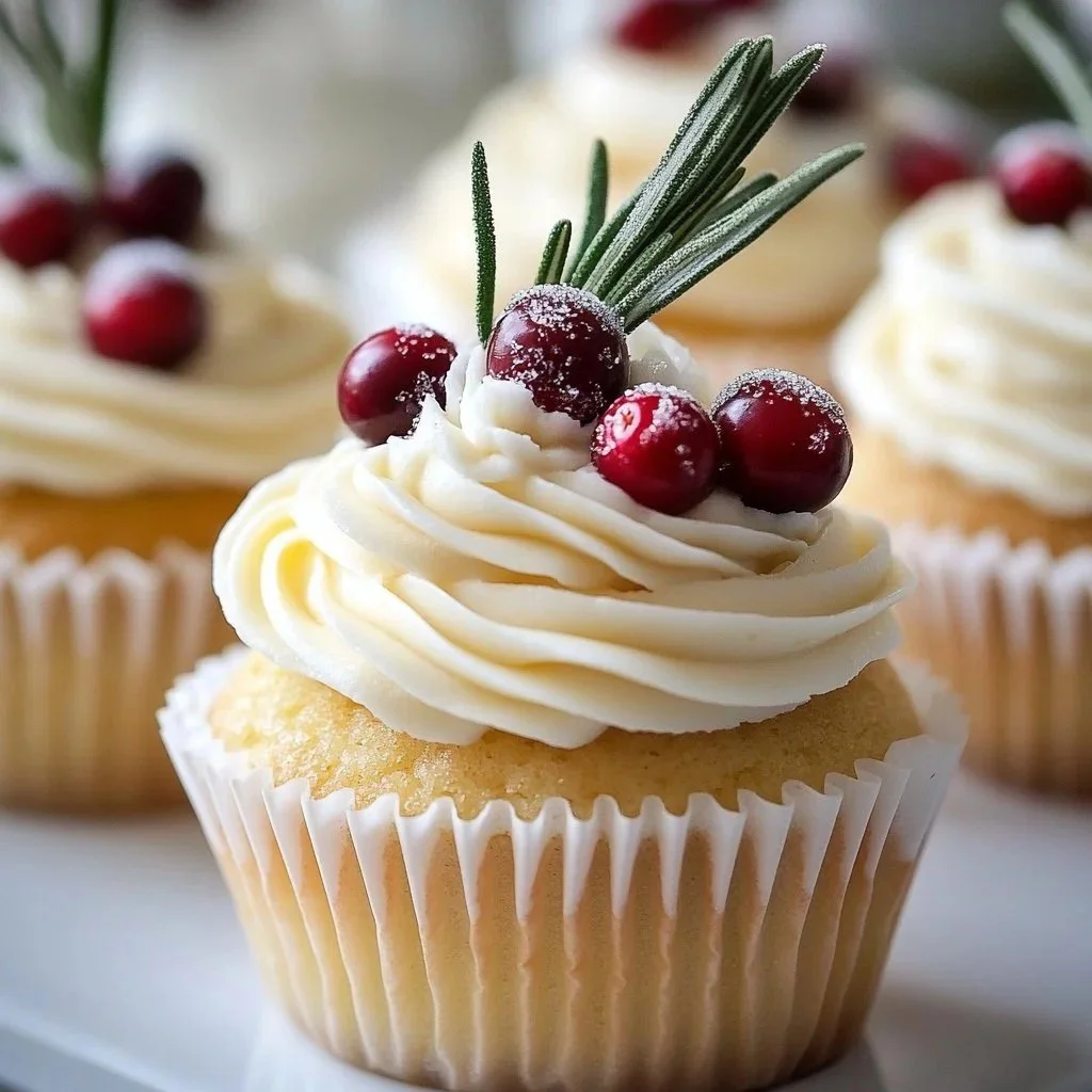Delicious vanilla cupcakes decorated with cranberries and rosemary sprigs.