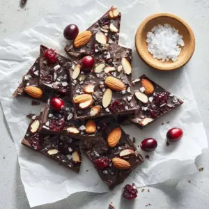 Varied chocolate bark with nuts and dried fruits on a wooden surface.