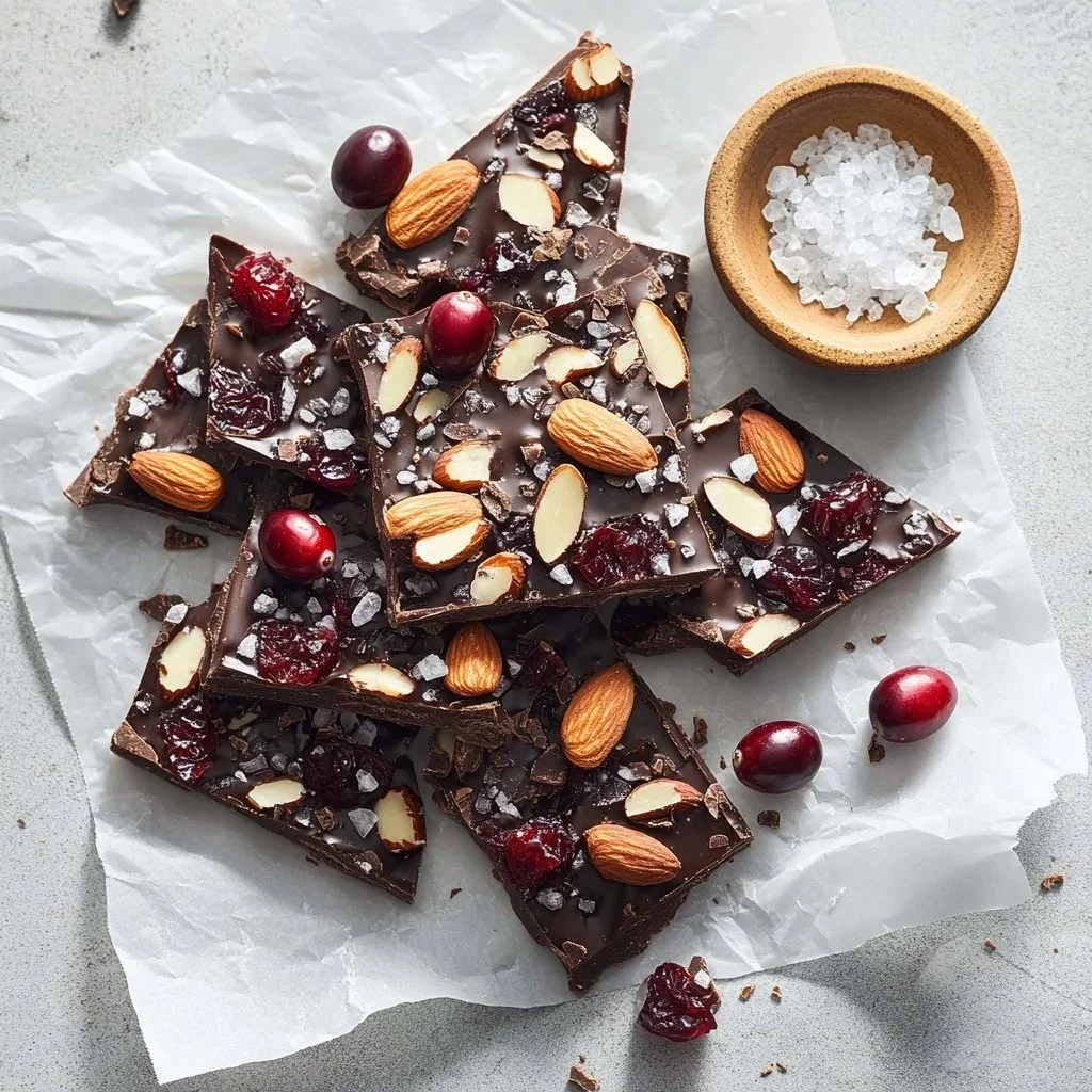 Varied chocolate bark with nuts and dried fruits on a wooden surface.