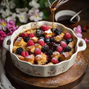 Delicious Vegan Berry French Toast Bake topped with fresh berries and syrup