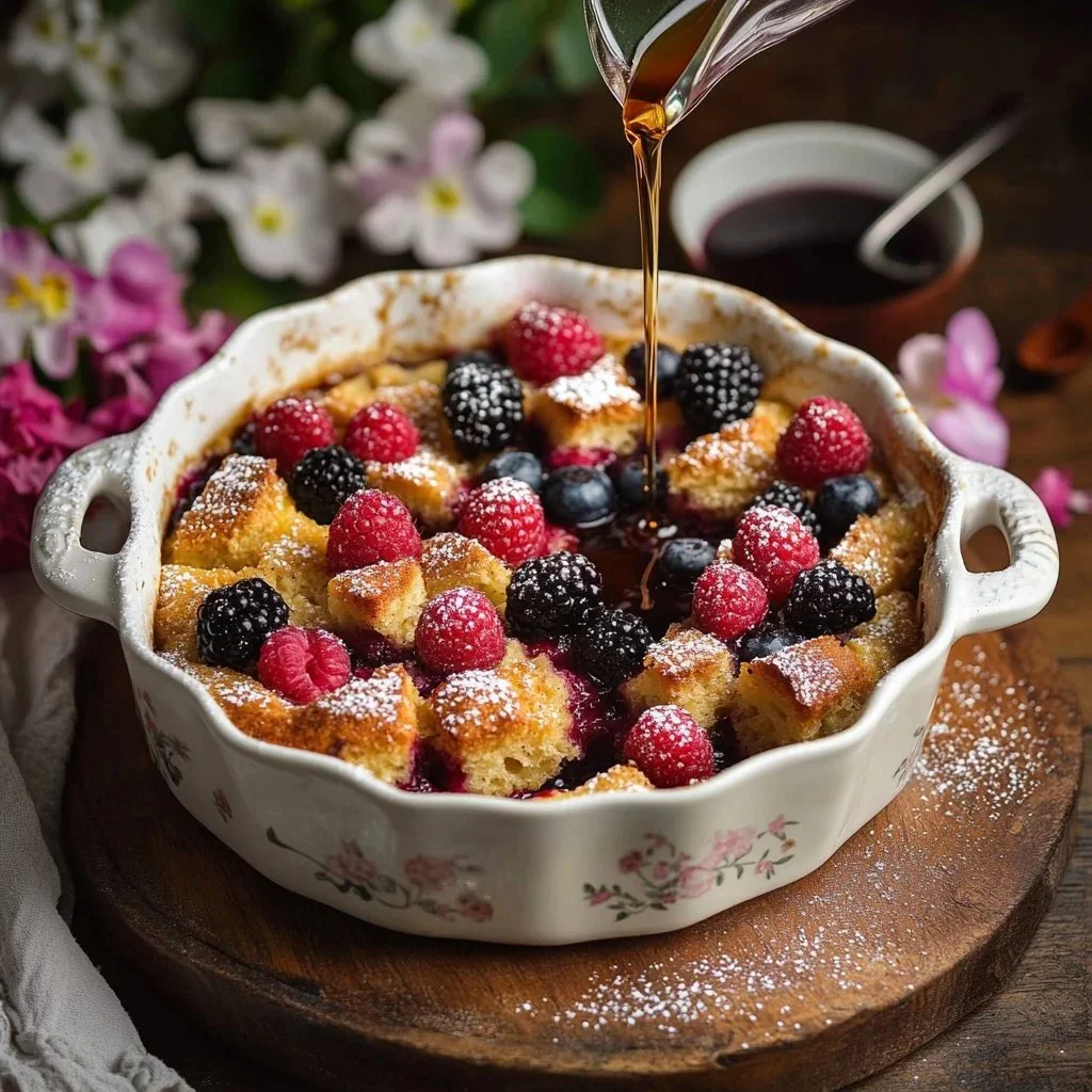 Delicious Vegan Berry French Toast Bake topped with fresh berries and syrup