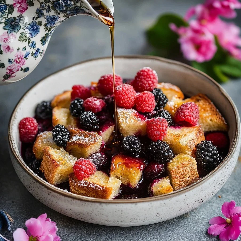 Delicious Vegan Berry French Toast Bake topped with fresh berries and syrup.