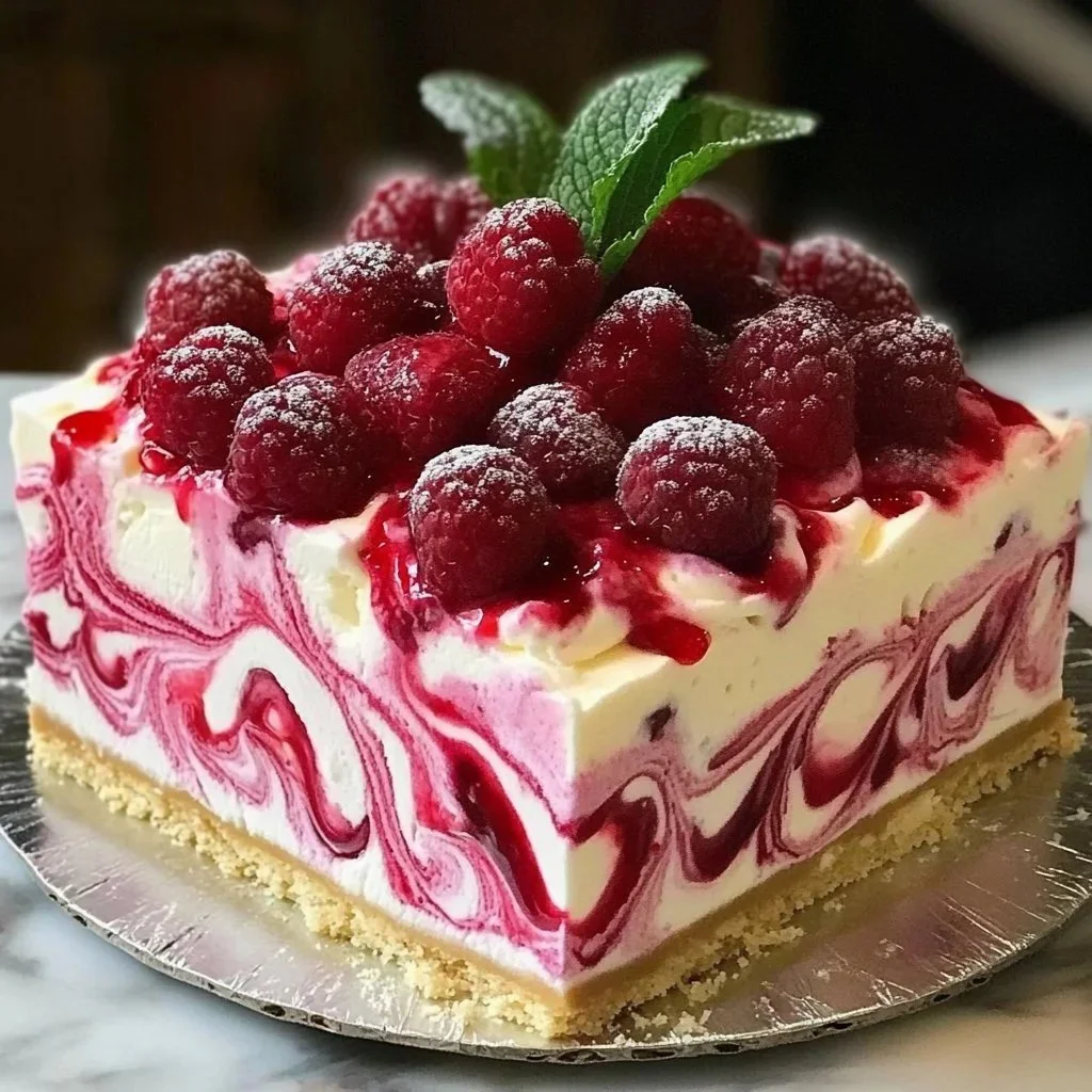 Deliciously rich raspberry swirl cheesecake topped with fresh raspberries.
